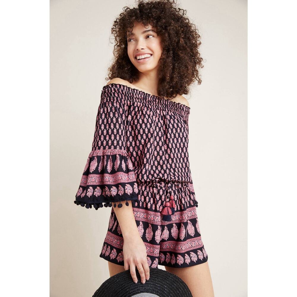Anthropologie Raga Womens Romper Off Shoulder Pom Poms Cinched Waist Size M